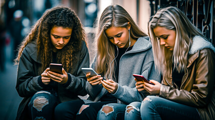 Jeunes filles accro au téléphone portable - obrazy, fototapety, plakaty