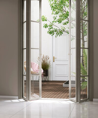Open folding door with glass panel to courtyard with wooden floor, rattan chair, white exterior...