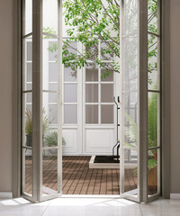 Open folding door with glass panel to courtyard with wooden floor, white exterior house and tree in sunlight for interior design decoration, product background 3D