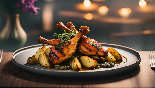 grilled chicken wings on artichoke ragout and trilled potatoes, Generated image