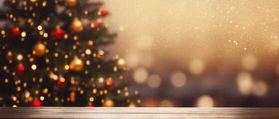 Empty wooden table over blurred christmas tree and bokeh background.