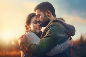 Couple hugging in outdoor daylight. Romantic embracing people supporting moment. Generate ai