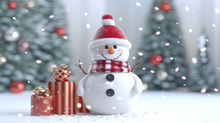 Obraz premium Merry Christmas Greeting with Cute Snow Man Giving Gift in Outdoor For Winter Holiday Eve Background Selective Focus
