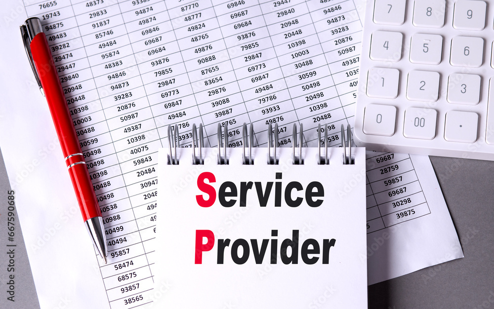 Poster service provider text on notebook with pen, calculator and chart on grey background