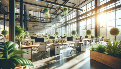Modern office interior with green plants and natural sunlight