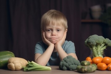 Fototapeta premium Little boy expressing disgust to healthy food. Displeased child sitting at table with vegetables. Generate ai