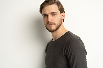 Portrait of happy casual handsome man smiling, Mid adult guy Isolated on white background, copy space