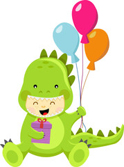 Cute Liitle KIds With Dino Costume Holding Ballons And Gift