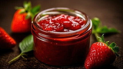 Homemade Strawberry Preserves or Jam in a Mason Jar Surrounded By Fresh Organic Strawberries Selective Focus with Blurred Foreground and Background