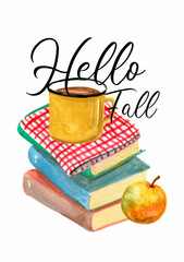 Hello Fall - Gouache composition with books and hot drink mug