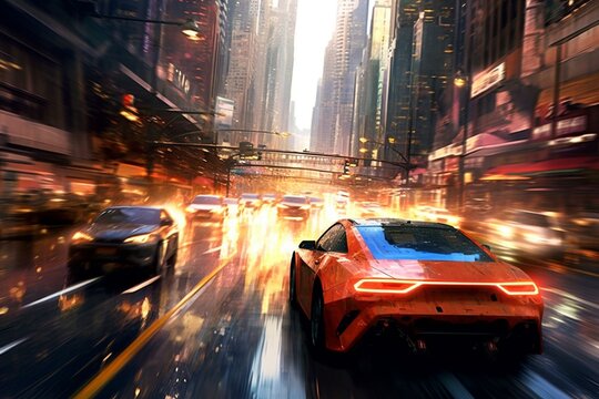Fast-moving vehicle racing through city streets. Generative AI