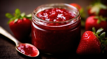 Homemade Strawberry Preserves or Jam in a Mason Jar Surrounded By Fresh Organic Strawberries Selective Focus with Blurred Foreground and Background