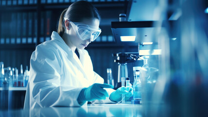 Scientist in biotechnological laboratory is researching new methods treating diseases. Chemist working in a laboratory.