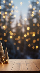 Wooden table with Christmas tree and golden bokeh background. - obrazy, fototapety, plakaty