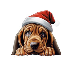 Bloodhound puppy wearing Santa Hat isolated on transparent background - obrazy, fototapety, plakaty