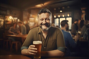 Portrait of cheerful chunky man sitting in pub. Smiling man holding glass of beer. Generate ai - obrazy, fototapety, plakaty