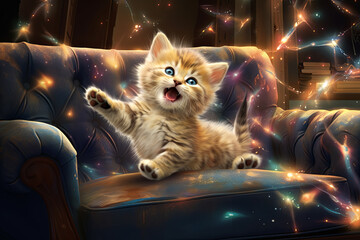 Ilustración de gatito feliz en el sofá con brillos de magia.