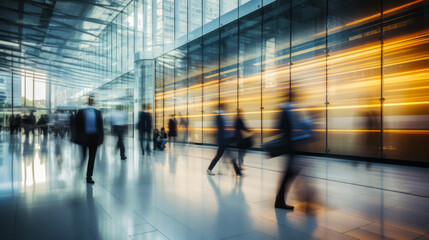 Imagen de una oficina con trabajadores en movimiento con desenfoque de movimiento.