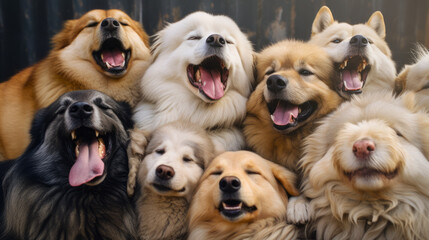 Imagen de una manada de perros sonriendo felices. - obrazy, fototapety, plakaty