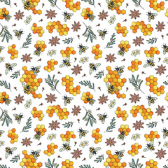 Seamless vector pattern with bees, honeycombs, cinnamon and twigs.  Honey ornament for fabrics and packaging
