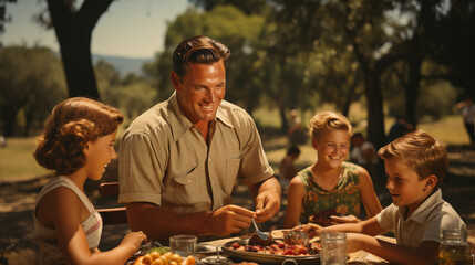 A snapshot of a 1950s summer picnic scene with families wearing their finest casual attire, celebrating the laid-back fashion of the time - obrazy, fototapety, plakaty
