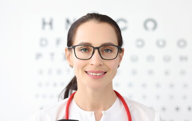 Woman ophthalmologist with glasses standing against background of table for eye test. Laser vision correction concept