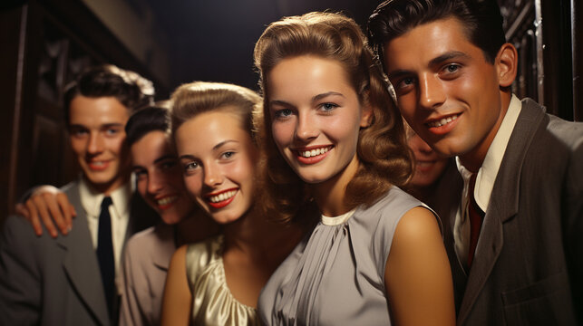 A snapshot of a 1950s school dance scene with teenagers in stylish dresses and suits, exuding the youthful energy and fashion of the time
