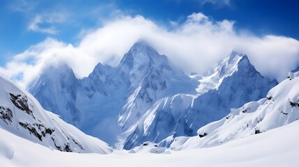 Fototapeta na wymiar Panoramic view of snowy mountains in winter. Caucasus, Russia