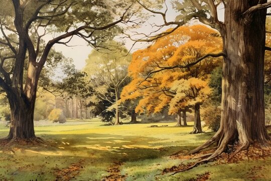 Watercolor painting of trees in a park near Cornwall Oval. Generative AI