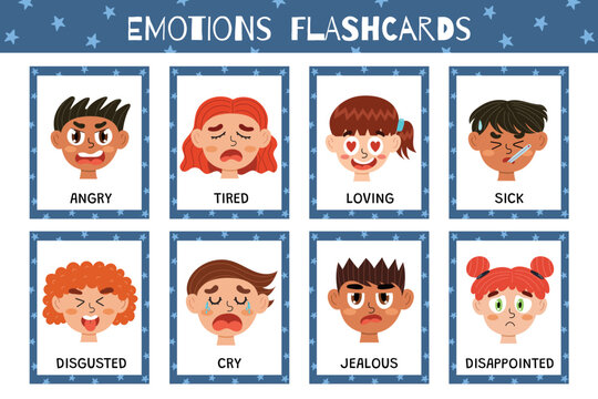 Emotions flashcards collection. Flash cards set with cute kids characters for practicing reading skills. Learn feelings vocabulary for school and preschool. Vector illustration