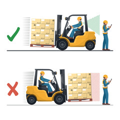 Drive in reverse if the load obstructs vision. Safety in handling a fork lift truck. Security First. Accident prevention at work. Industrial Safety and Occupational Health © Ipajoel