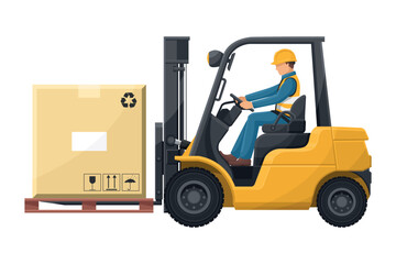 Industrial worker carefully driving a forklift. Yellow lift truck transporting a box packing pallet to a warehouse. Industrial storage and distribution of products. Industrial Safety