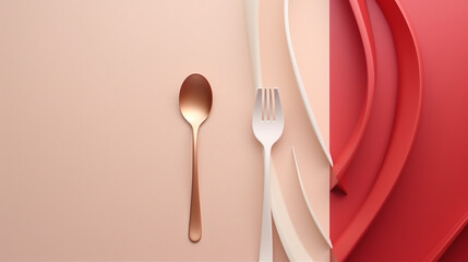 plastic spoon fork cutlery on red cream background laying on the table with copy space. Top view flat lay perspective. Plastic concern.