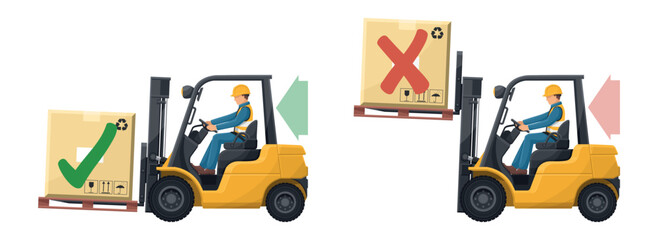 Do not drive with the forks raised or with a elevated load. Safety in handling a fork lift truck. Security First. Accident prevention at work. Industrial Safety and Occupational Health © Ipajoel