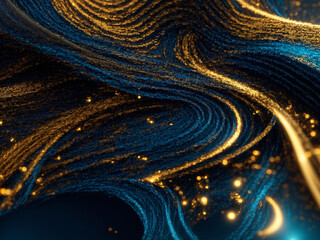 Abstract digital wallpaper in blue and golden tones with bits and information flowing.