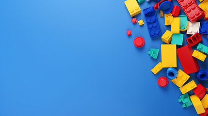 colorful plastic toys on blue background with copy space