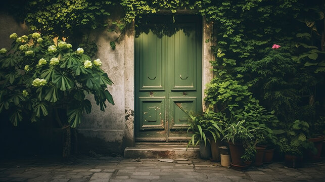Fototapeta green door in a house close up