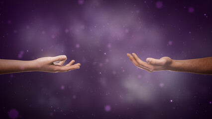 Esoteric Edit: Two Hands Are Reaching Towards Each Other On Mystical Dark Purple Background. People Connecting To Help In Magical Dreamlike Setting. Spirituality, Kindness, Friendship, Or Love Concept - obrazy, fototapety, plakaty