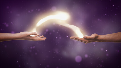 Visualization Of Two Hands Exchanging Bright Yellow Stream Of Magical Energy On Dreamy Dark Purple...