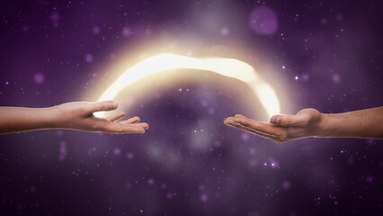 Visualization Of Two Hands Exchanging Bright Yellow Stream Of Magical Energy On Dreamy Dark Purple...