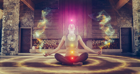 Beautiful Relaxed Caucasian Woman In Lotus Position Meditating In Zenlike Openair Space. Edited...