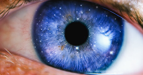 VFX Esoteric Concept: Extreme Close-Up Of Eye With Edit Of Beautiful Universe in Outerspace With...