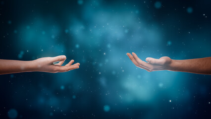 Esoteric Edit: Two Hands Are Reaching Towards Each Other On Mystical Dark Blue Background. People...
