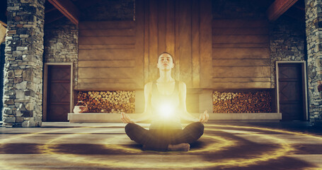 Beautiful Relaxed Caucasian Woman In Lotus Position Meditating In Zenlike Openair Space. Edited Visualization Of Bright Energy Accumulating In Her Stomach. Yoga Practice, Spirituality, And Mindfulness