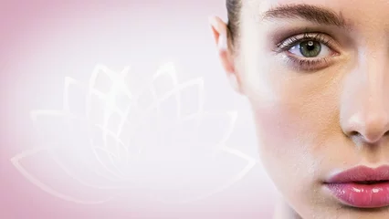  Creative Advertisement Template For Cosmetics Concept: Close-Up Half-Face View Of Beautiful Woman With Makeup Looking At Camera on Pink Background With Edited Logo Of Lotus On Side. Web Banner Mockup. © Kitreel