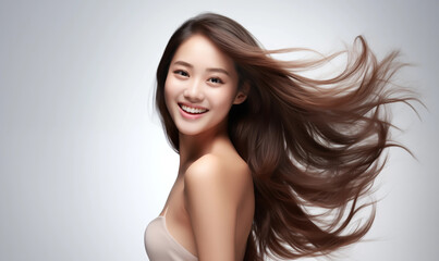 Portrait of a beautiful Asian woman with flowing black hair. Bright smile, shampoo advertising concept Hair conditioner and cosmetic products, Generation AI