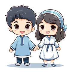 Chinese couple hand-drawn comic illustration. Chinese couple. Vector doodle style cartoon illustration