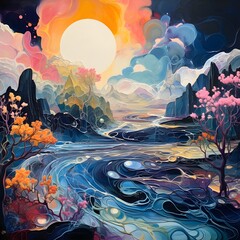 Illustration of a beautiful sunset over a lake in the mountains.
