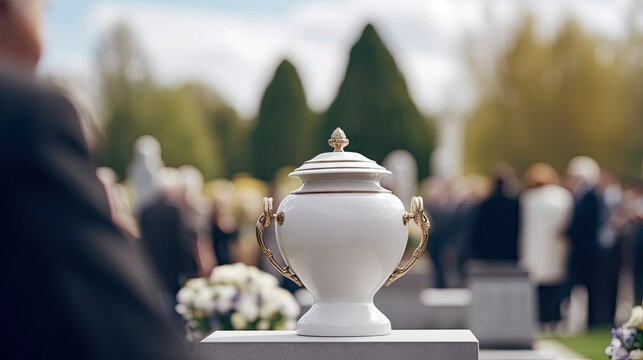 urn with ash on the grave at the cemetery 