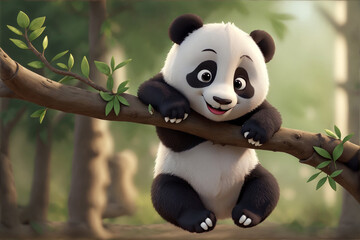 A charming 3D render lovable cartoon character of a cute adorable baby panda hanging and playing on the tree branch